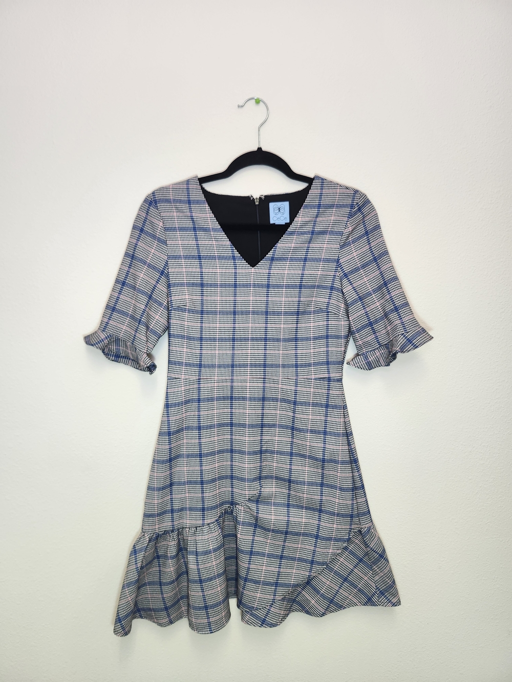 CeCe Blue and White Plaid V-Neck Ruffle Flare Dress